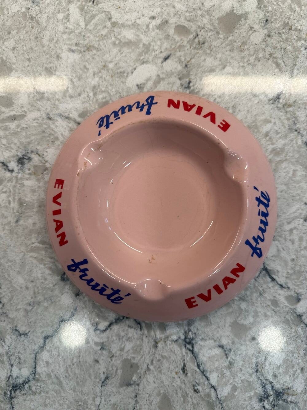 Vintage 1960s Pink Ceramic Advertising Ashtray Branded for Evian Fruité